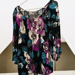 Daisy Fuentes Floral Blouse - Black, Purple, Teal